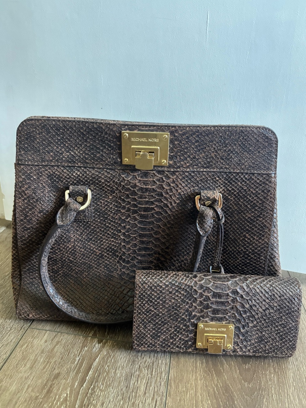 Michael Kors Dark Brown Faux-Snakeskin Satchel with Matching Wallet